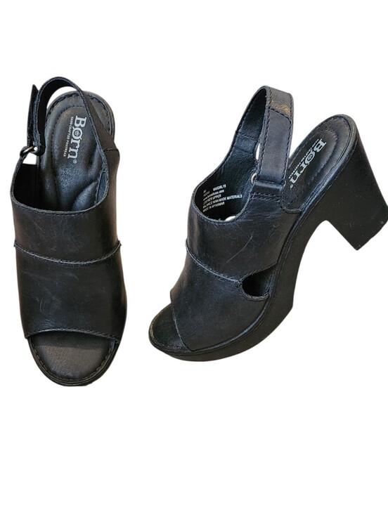 Born Shoes - Born Wekiva Black Leather Peep Toe Block Heel Sandals Size 8 Chunky Comfort Shoe